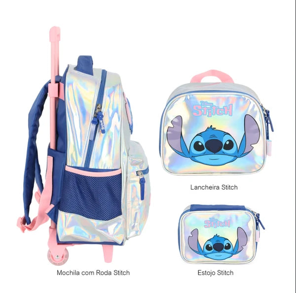 Kit Mochila Escolar Infantil com Estojo e Lancheira Holográfica Stitch Prata