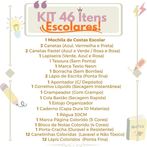 KIT Material Escolar 46 Peças Volta Às Aulas Mochila Estojo Lançamento 2026 Masculino Feminino